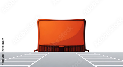 A vibrant orange movie screen sits alone on a gray parking lot with white lines, set against a clean white background.