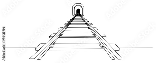 Perspective view of railway tracks leading into a dark tunnel in single line art