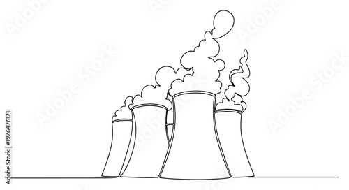 Continuous line drawing of a nuclear power plant with cooling towers and steam clouds