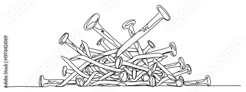 One line art illustration of a messy pile of metal construction nails