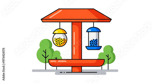 A colorful illustration of a bird feeder with two hanging feeders and a bench in a park setting