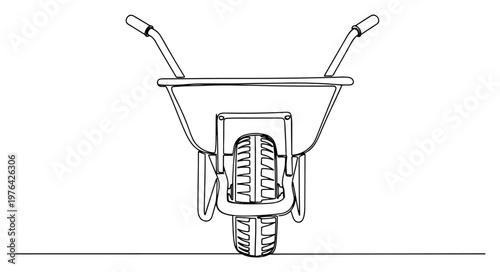 Continuous line art showing the front view of a heavy duty construction wheelbarrow