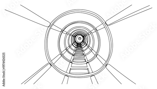 Continuous one line drawing of a circular industrial shaft with a ladder in perspective