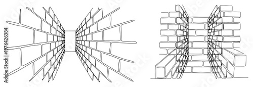 Single line illustration of brick wall construction and a perspective view corridor