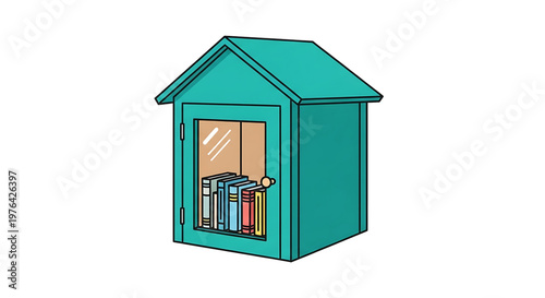A colorful illustration of a small teal library with a glass door and a roof, filled with books.