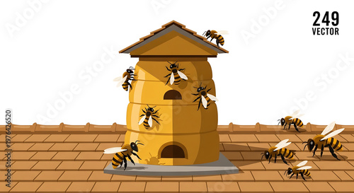 A colorful vector illustration of a beehive with busy bees flying around it on a tiled surface
