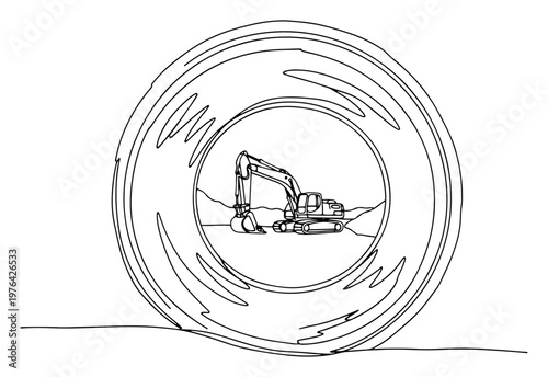 One line art of an excavator machine seen through a large round pipe