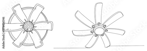 Single line drawing of industrial ventilation fan blades and cooling propeller