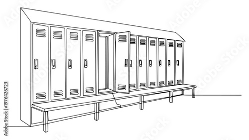 Single line illustration of school or gym metal lockers with a bench