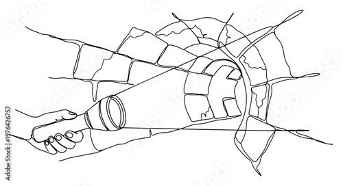 Continuous line art of a hand holding a flashlight shining light through a stone wall hole