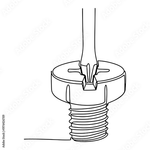 Close up continuous line illustration of a screwdriver tip inside a screw head