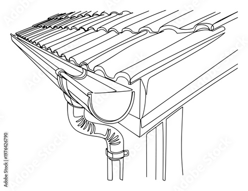 Minimalist one line drawing of a house roof edge with tiles and gutter pipe