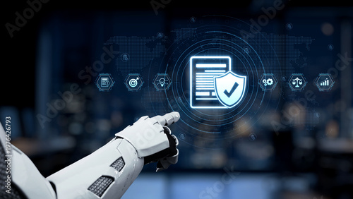 Fotografía A sleek robotic hand points at a digital security icon, symbolizing data protection in a modern office setting, emphasizing technology and cybersecurity themes