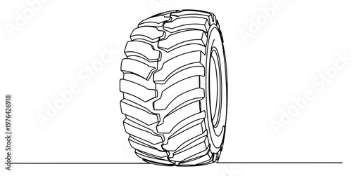 Single line drawing of a large heavy duty tractor tire with deep tread patterns