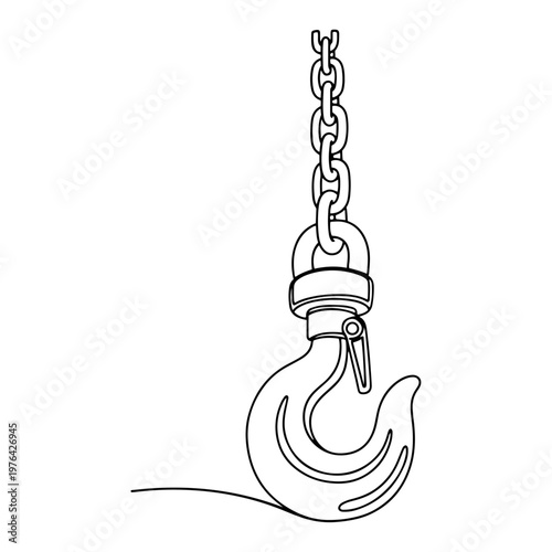 One line drawing of an industrial metal crane hook hanging from a heavy chain