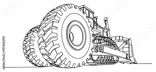 Continuous line illustration of a heavy industrial tractor wheel and crawler track system