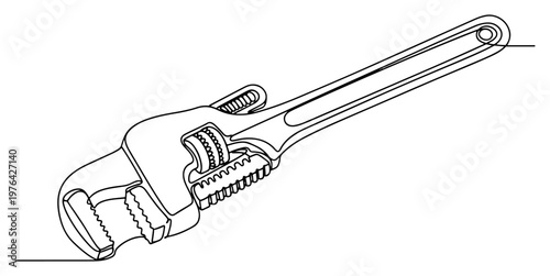 Professional adjustable pipe wrench tool in a minimalist single line drawing style