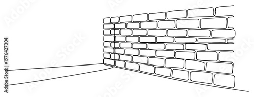 Perspective view of a brick wall construction drawn in continuous one line art style