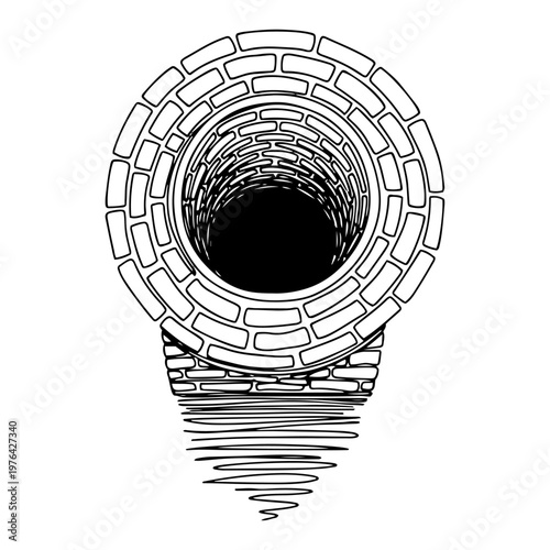 Deep brick well with water reflection in minimalist continuous one line drawing