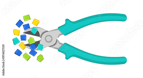 A vector graphic of teal handled pliers cutting colorful blocks on a white background