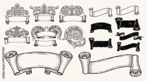 Hand drawn ribbons vintage set. Doodle style black color sketch. Isolated elements.