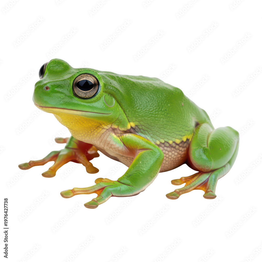 Fototapeta premium Bright green tree frog sitting on a plain surface with outstretched legs