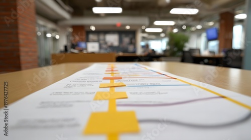 A detailed strategic roadmap diagram lies on a desk in the blurred background of a collaborative modern office workspace