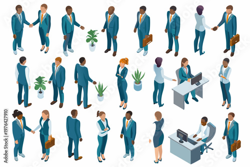 Isometric illustration of diverse business people in various professional settings