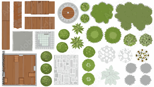 Overhead view of various building elements and green foliage patterns