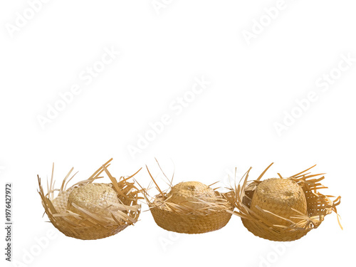 Natural straw hat cut out and isolated is used to protect people from the tropical sun and in the decoration of Brazilian June festivities outdoors, in parks, farms or streets.
