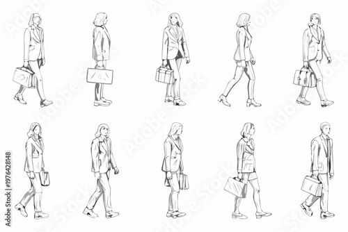 Line art illustration of professionals walking with briefcases