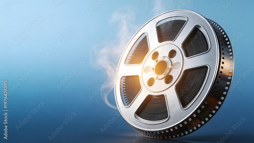 Obraz premium Film reel with smoke on blue background