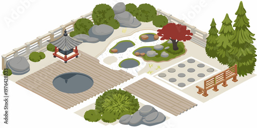 Isometric illustration of a serene japanese garden with a pagoda