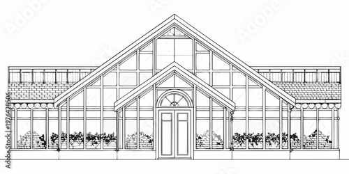 Detailed line drawing of a classic victorian style greenhouse facade