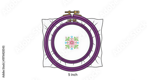 A vector graphic illustration of a purple embroidery hoop with a floral design