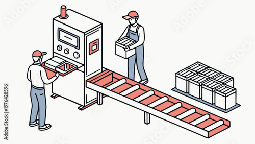 A vector graphic illustration of two workers operating a conveyor belt system in a factory setting