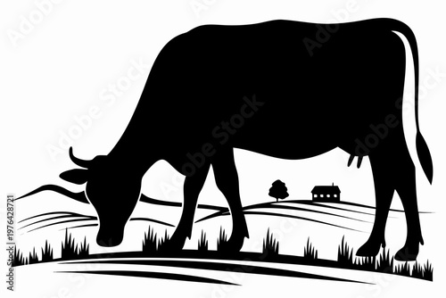 Black silhouette of a cow grazing in a rural landscape with buildings