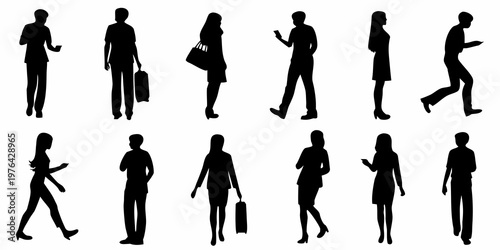 Silhouettes of people walking and commuting in a city environment