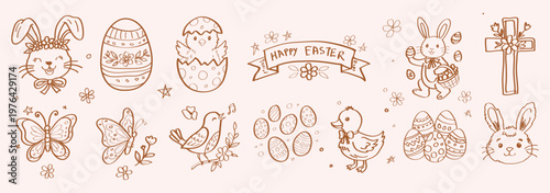  a big collection of Hand drawn whimsy Easter icon collection with bunny  chick  egg  flower  bow. Childish sketch doodle set in crayon texture style for spring holiday design. Vector illustration 