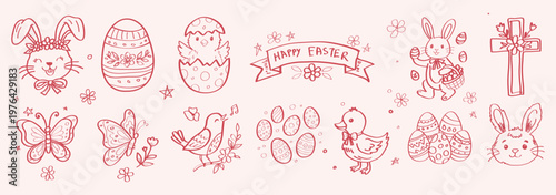  a big collection of Hand drawn whimsy Easter icon collection with bunny  chick  egg  flower  bow. Childish sketch doodle set in crayon texture style for spring holiday design. Vector illustration 