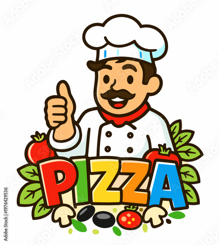 Cheerful pizza chef logo with thumbs up gesture and colorful lettering framed by vegetables. Friendly mascot vector on a transparent background for restaurant and fast food branding.