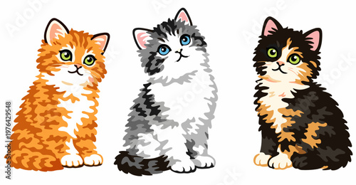 Adorable trio of fluffy kittens in ginger, gray and calico fur sitting together in cartoon vector style. Transparent background illustration for pets, adoption and cute animal design.