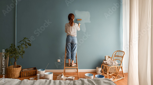 Woman painting interior wall in modern bedroom while standing on ladder, home renovation and DIY improvement concept with copy space