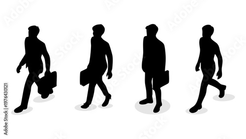 Isometric Business Men Walking Silhouettes Set, Corporate Professionals Commuting With Briefcase Vector, Successful Businessmen Walking High Angle View, Group Of Office Workers Silhouettes In Motion