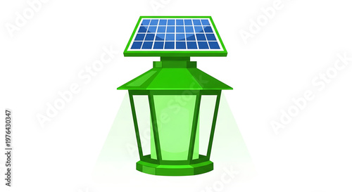 A green solar powered lantern with a blue solar panel on top