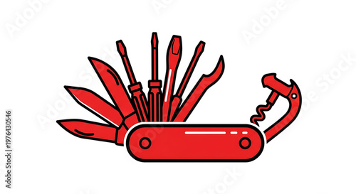 A red multi-tool Swiss Army knife with various functions and tools extended