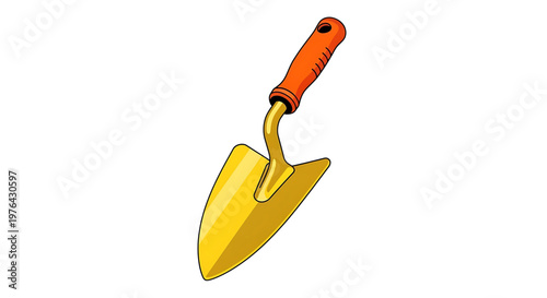 A colorful illustration of a trowel with a yellow blade and orange handle