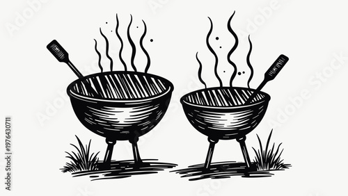 A minimalist black and white sketch features two round charcoal grills with rising smoke and cooking spatulas. This graphic scene evokes the atmosphere of a summer backyard barbecue, with copy space.