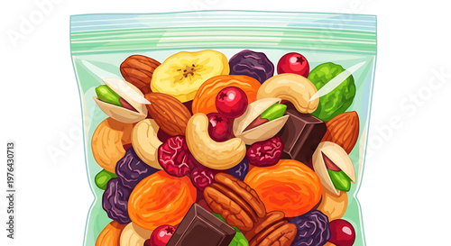A colorful illustration of a ziplock bag filled with a mix of nuts and dried fruits