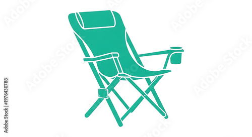 A green folding chair with a cup holder is depicted in a minimalist vector illustration style.